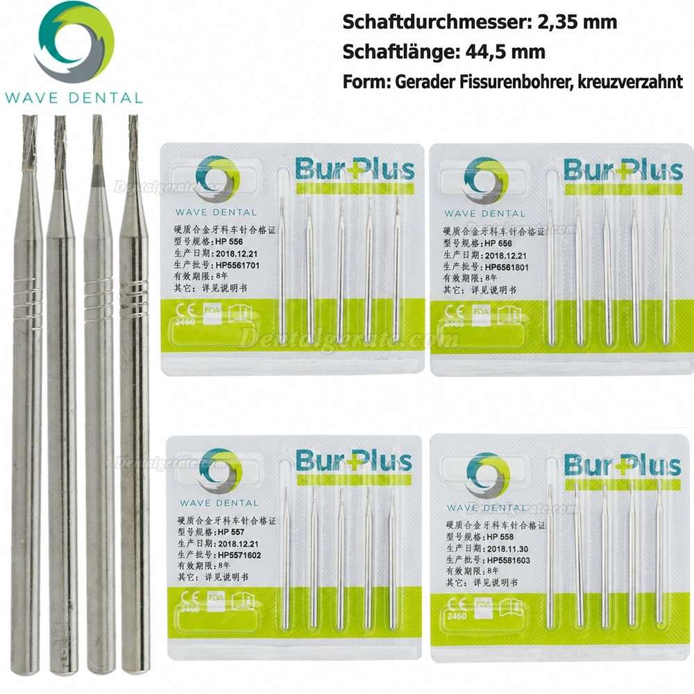 10 St&uuml;ck HP 555 556 557 558 Handst&uuml;ck-Schaft(HP) Hartmetallbohrer Zahnmedizin Gerade Fissur Querschnitt Zahnbohrer
